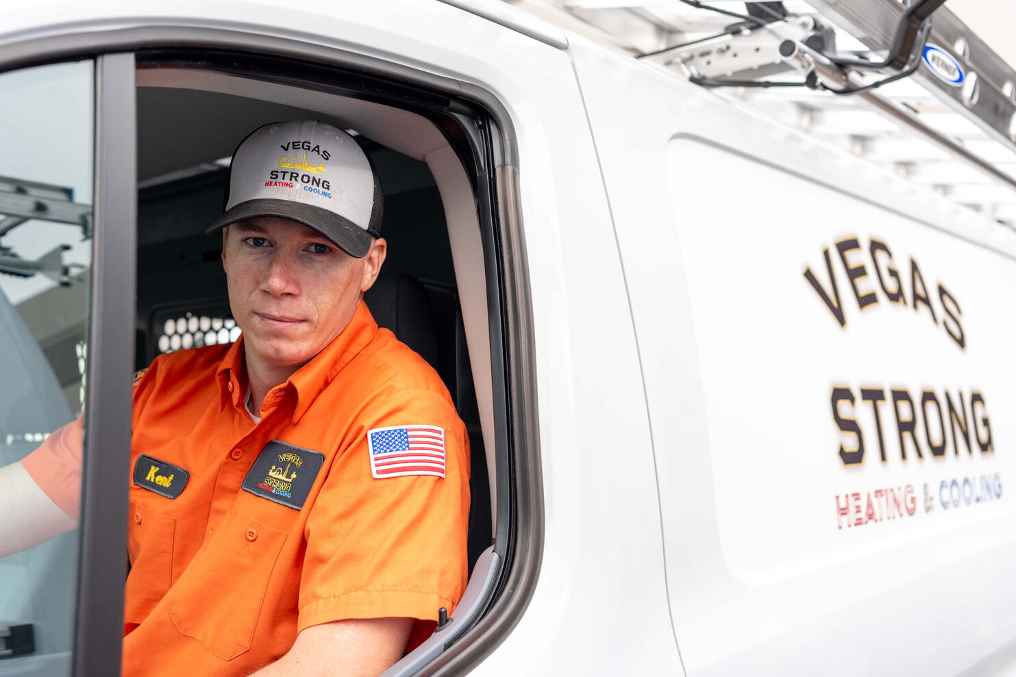 Business Marketing Commercial photography HVAC technician from Vegas Strong heating & Cooling driving van by Tampa photographer Sidney Oster