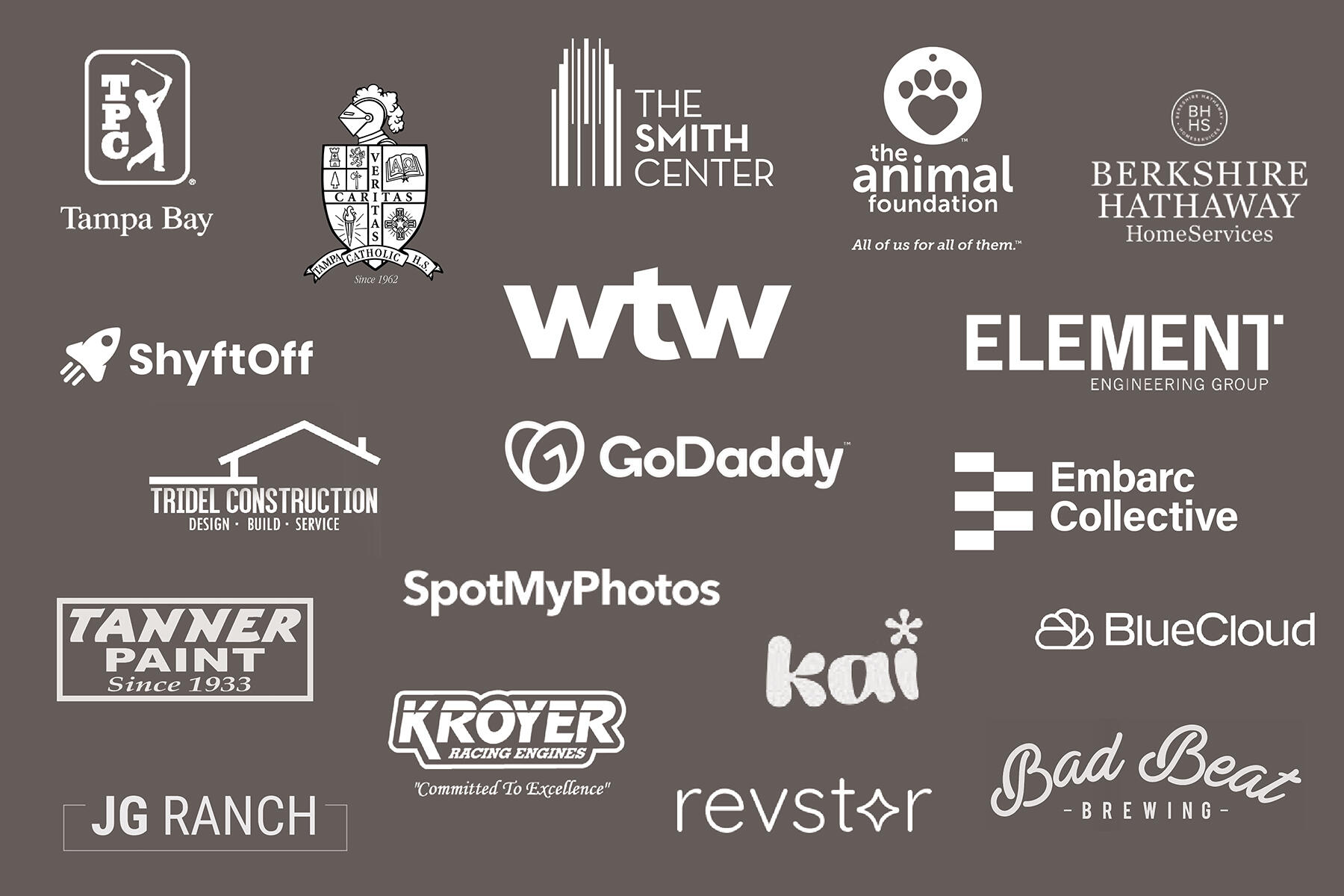 Client logo collage Sidney Oster Photography Corporate clients Sidney Oster Photography Tampa Bay GoDaddy WTW TPC Embarc Collective professional photographer